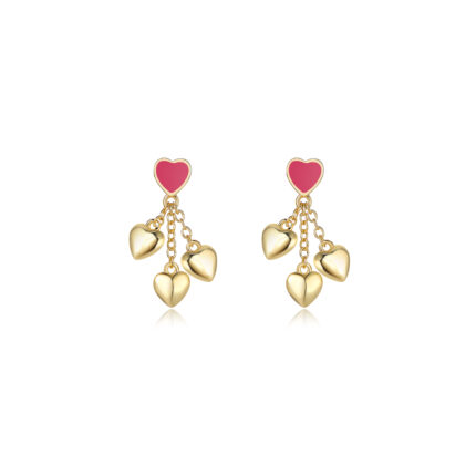 Gold-Plated Kids’ Dangle Earrings with Red Heart Stud & Multiple Gold Heart Charms – Cute Toddler Drop Earrings Jewelry Gift