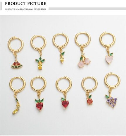 Elegant 18k Gold Filled Zircon Dangle Small Hoop Earrings with Fruit Charm