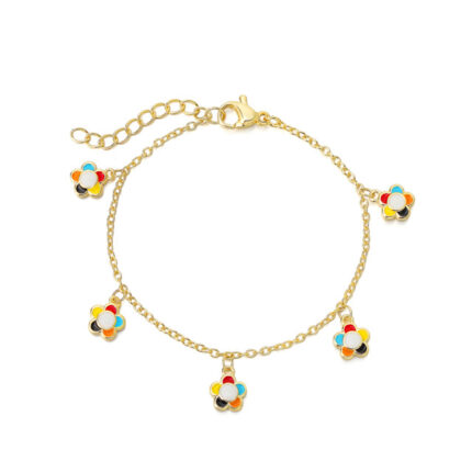Gold-Plated Kids’ Charm Bracelet with Colorful Flower Pendants – Adjustable Toddler Chain Link Jewelry Gift
