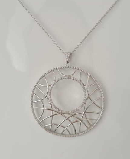 Rhodium Plated Round Necklace Hollow Pendant