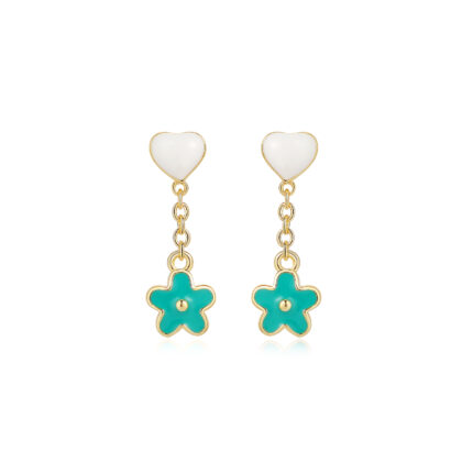 Gold-Plated Kids’ Dangle Earrings with White Heart & Blue Flower Charms – Cute Toddler Drop Earrings Jewelry Gift