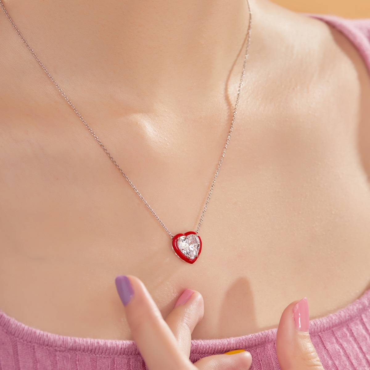 Yk Beauty Red Border Heart Stone Stud Necklace - Exquisite 925 Silver with Rhodium Plating - Image 3