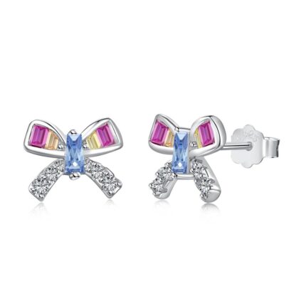 Multicolor Zircon Stud Earrings  Bowtie 5A Zircon – Sterling Silver, Vibrant Fashion Jewelry for Women and Girls