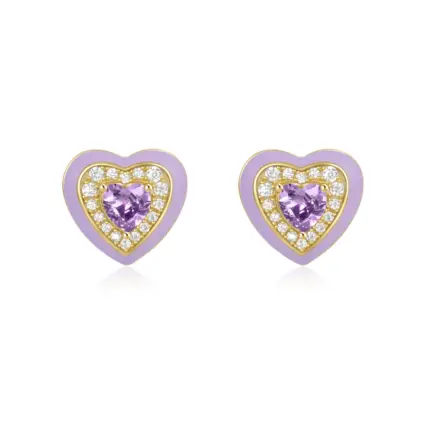 YK Beauty 18K Gold Plated Purple Heart Stud Earrings – S925 Sterling Silver with Enamel and Zircon