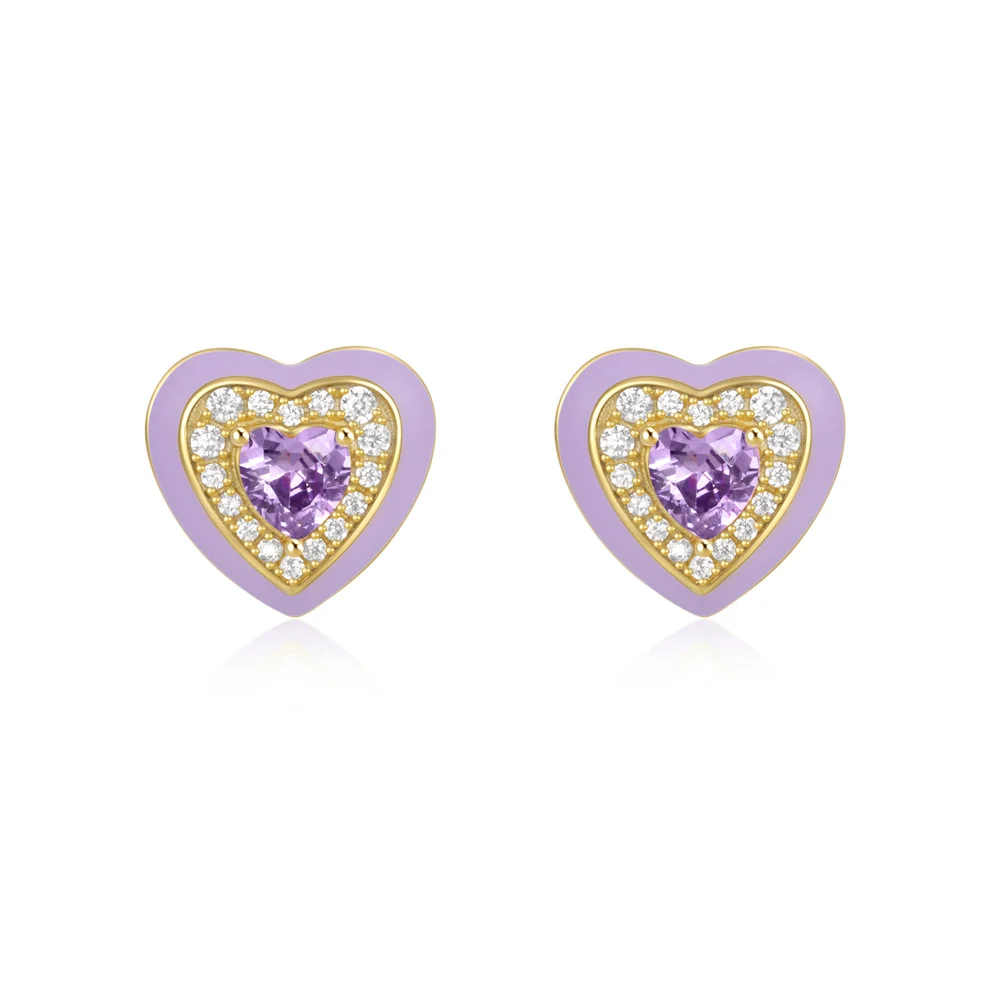 YK Beauty 18K Gold Plated Purple Heart Stud Earrings – S925 Sterling Silver with Enamel and Zircon