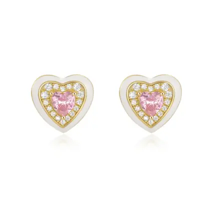 YK Beauty 18K Gold Plated White Heart Stud Earrings – S925 Sterling Silver with Enamel and Zircon