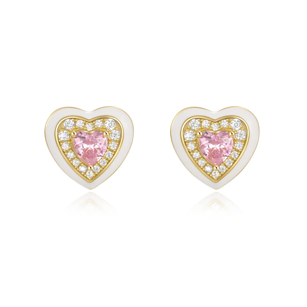 YK Beauty 18K Gold Plated White Heart Stud Earrings – S925 Sterling Silver with Enamel and Zircon