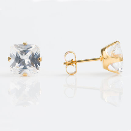 Studex Gold Plated TIFF. 8mm Cubic Zirconia Princess Cut Earrings