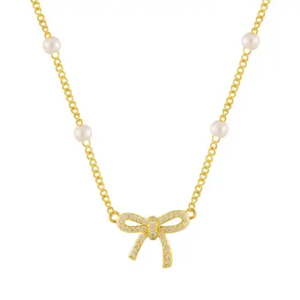 YK Beauty Gold Bow Necklace with Pearls & Stone-Studded Pendant