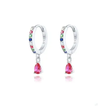 Dazzling Rhodium-Plated Rainbow Turquoise Huggie Earrings with Zircon Tear Drops