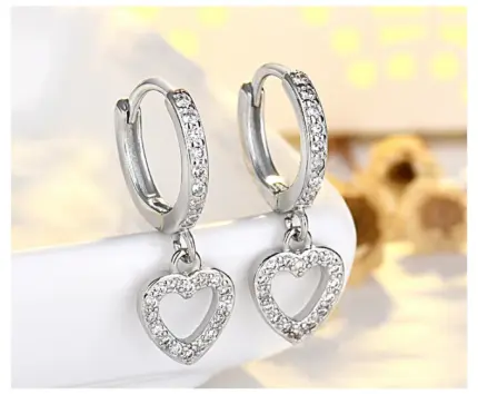 Rhodium Plated Kids Drop Huggie Heart Earrings