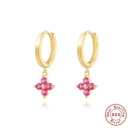 Exquisite 18K Gold Pink Floral Huggie Earrings with CZ & Sterling Silver