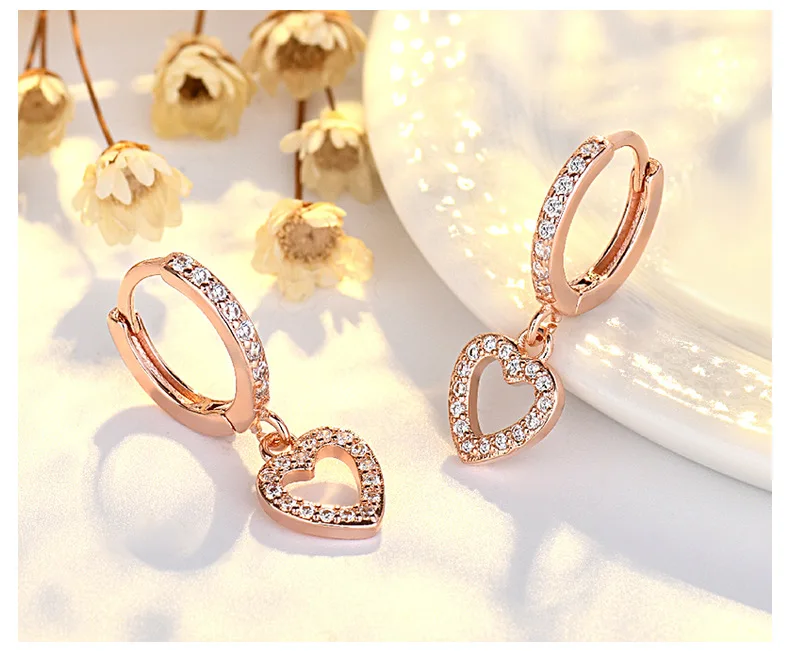 Rose Gold Plated Kids Drop Huggie Heart Earrings - Image 3