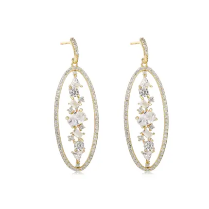 Gold Plated Oval Drop Earrings With White Stones