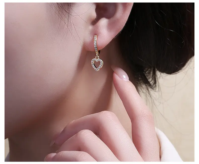 Gold Plated Kids Drop Huggie Heart Earrings - Image 2