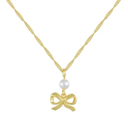 Elegant Gold Bow Pendant Necklace with Pearl - Waterproof and Timeless