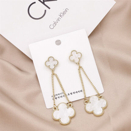 Double Flower Four Leaf Long White Earrings