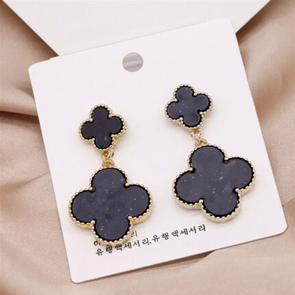 Elegant Double Flower Four Leaf Black Earrings for Everyday Fashion