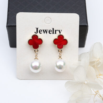 YK Beauty Gold Plated Four leaf pearl Red Earrings