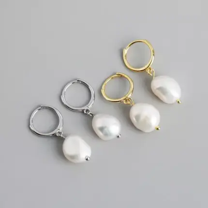 Sterling Silver 18k Gold Plated Huggie Hoops Earrings Baroque Natural Freshwater Pearl Earrings