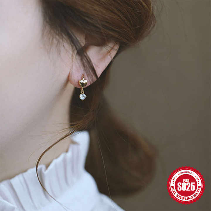 Mini Glitzs 925 Sterling Silver Heart Drop Earrings with Gold Coating and Cubic Zirconia - Image 2