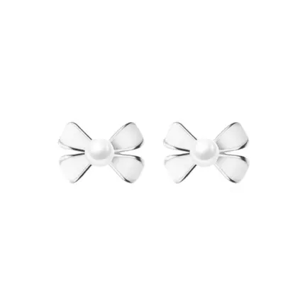 Elegant Silver Bowknot Earrings with Synthetic Pearls in Fine 925 Sterling Silver