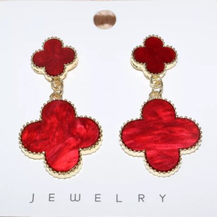 Elegant Double Flower Four Leaf Red Earrings with Dazzling Charm