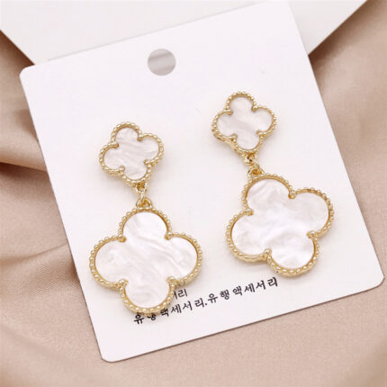 Elegant Double Flower Four Leaf White Earrings for Everyday Glamour