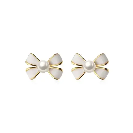 Gold Bowknot Earrings Fine 925 Sterling Silver Simple Synthetic Pearl Earrings