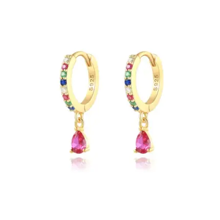 Elegant Gold-Plated Rainbow Zircon Huggie Earrings with Turquoise Water Drop Charm