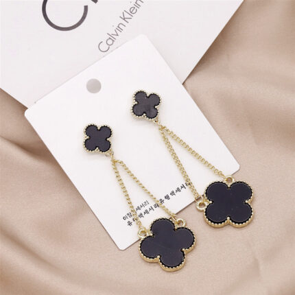 Double Flower Four Leaf Long Black Earrings