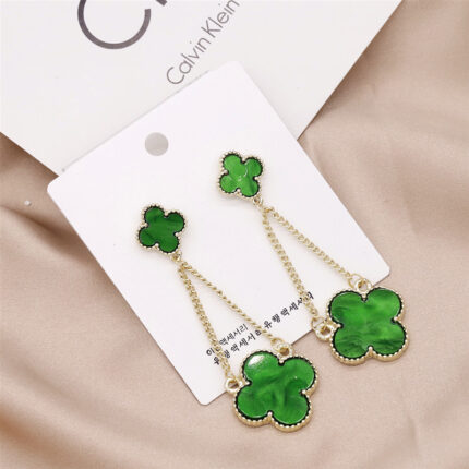 YK Beauty Gold Plated Double Flower Four Leaf Long Green Earrings