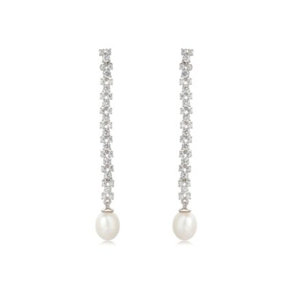 Rhodium Plated 925 silver 40mm length with zircon 8mm pearl Earrings