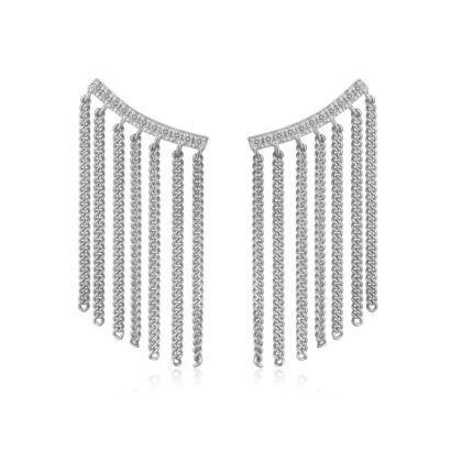 Elegant Silver Chain Tassel Earrings – Long Drop Dangle Earrings with Sparkling CZ Accents for Women