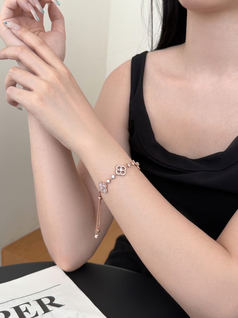 Elegant Rosegold Plated Silver Bracelet with Pink Shell & Sparkling CZ Gems - Image 2