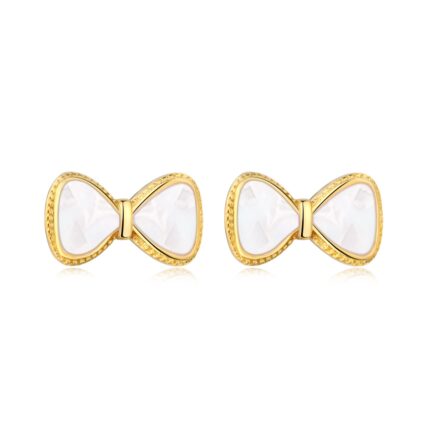 18K Gold & Silver Plated Bow Stud Earrings – Elegant White Enamel Bowknot Design for Women
