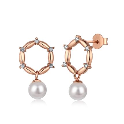 Elegant Rosegold Silver Pearl Earrings with Shell Pearl and Cubic Zirconia Accents