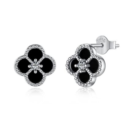 Yk Beauty Black Flower Stud Earrings with 925 Silver and Rhodium Plating