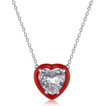Yk Beauty Red Border Heart Stone Stud Necklace - Exquisite 925 Silver with Rhodium Plating