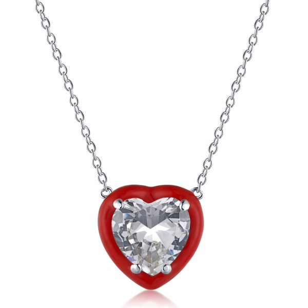 Yk Beauty Red Border Heart Stone Stud Necklace - Exquisite 925 Silver with Rhodium Plating