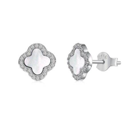 Elegant Rhodium Plated 925 Silver Earrings with White Shell and Sparkling CZ