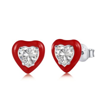 YkBeauty Heart Stone Stud Earrings in 925 Silver with Radiant Red Border