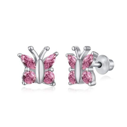 YkBeauty CZ Pink Silver Butterfly Screw back Earring