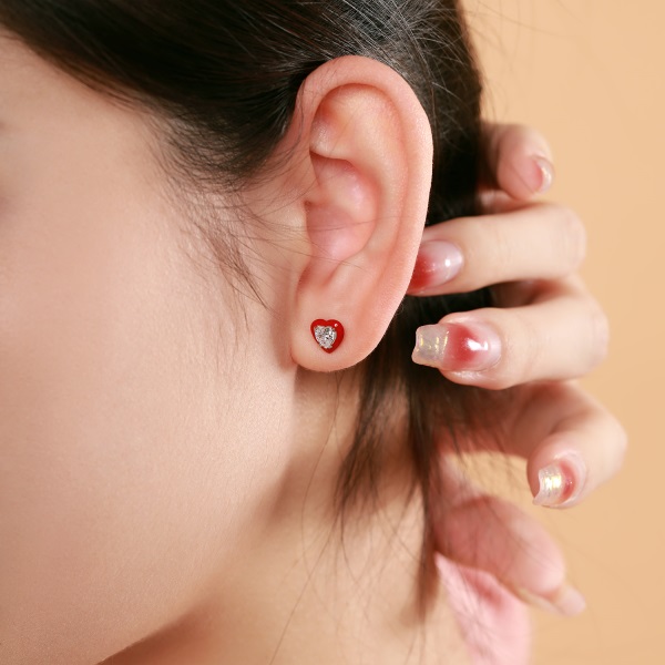 YkBeauty Heart Stone Stud Earrings in 925 Silver with Radiant Red Border - Image 2
