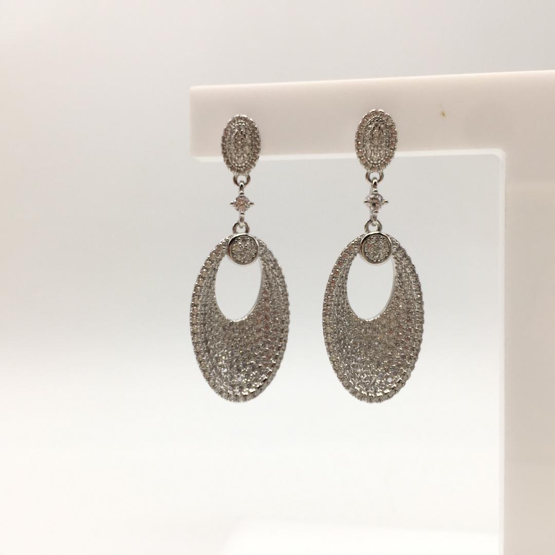 Rhodium Plated Oval Drop Earrings - Image 4