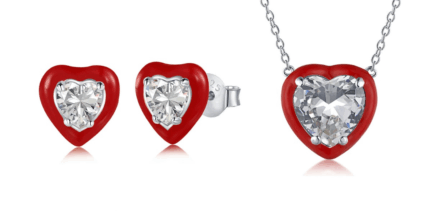 Yk Beauty Red Border Heart Stone Stud Jewelry Set - Exquisite 925 Silver with Rhodium Plating