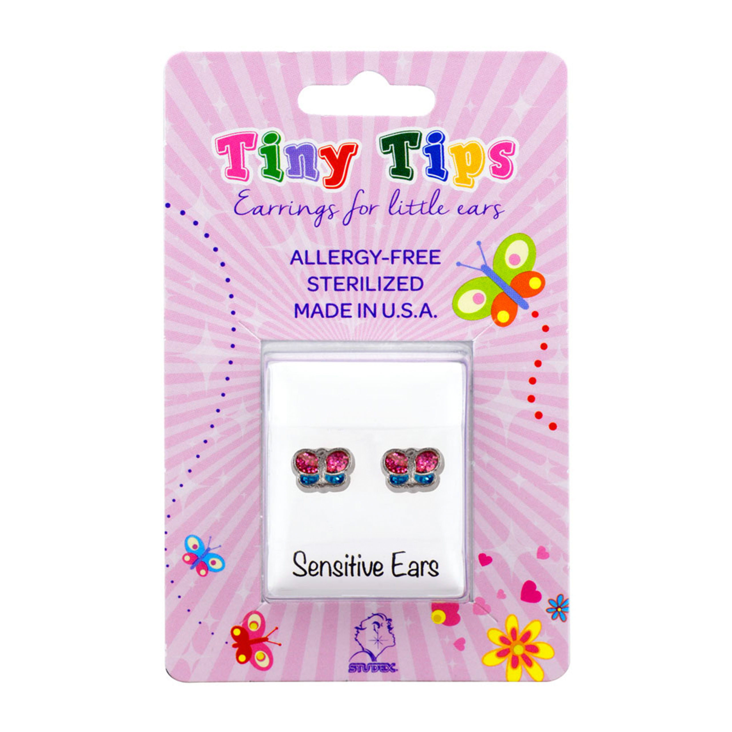 Studex Tiny Tips Pink Green Glitter Butterfly Stud Earrings - Image 2