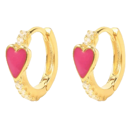 Gold Huggie Hoop Earrings with Enamel Heart Charm – Red
