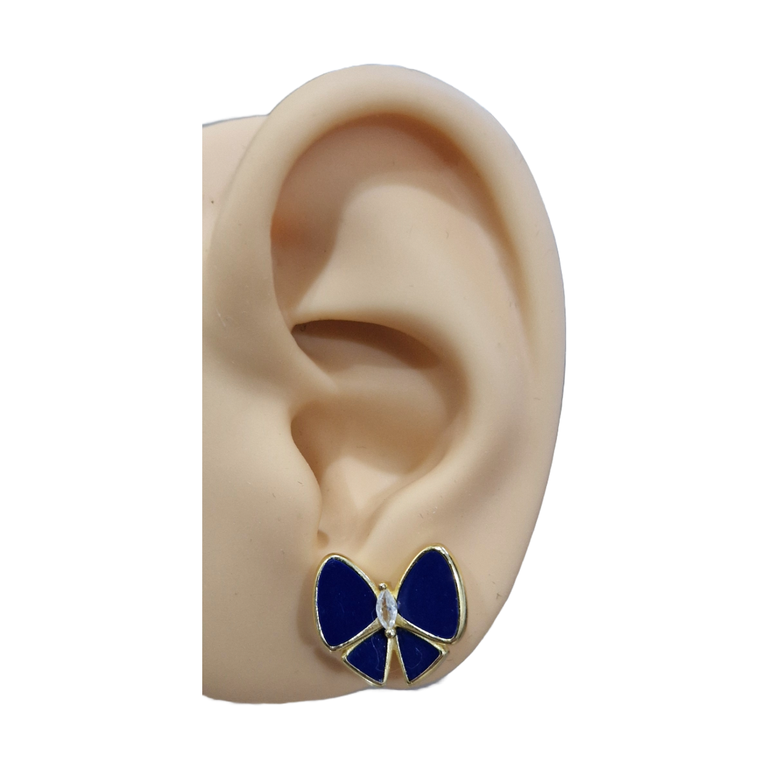 Silver Gold-Plated Blue Enamel Bow Stud Earrings – Elegant Butterfly Design with Crystal Accent - Image 2