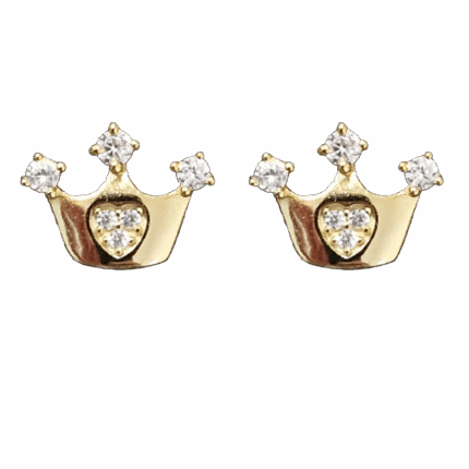 Gold Crown Stud Earring with Heart & Cubic Zirconia for a Regal Touch
